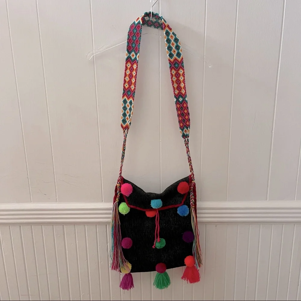 Handmade Mexican Pom Pom Crossbody Bag - Picture 1 of 11